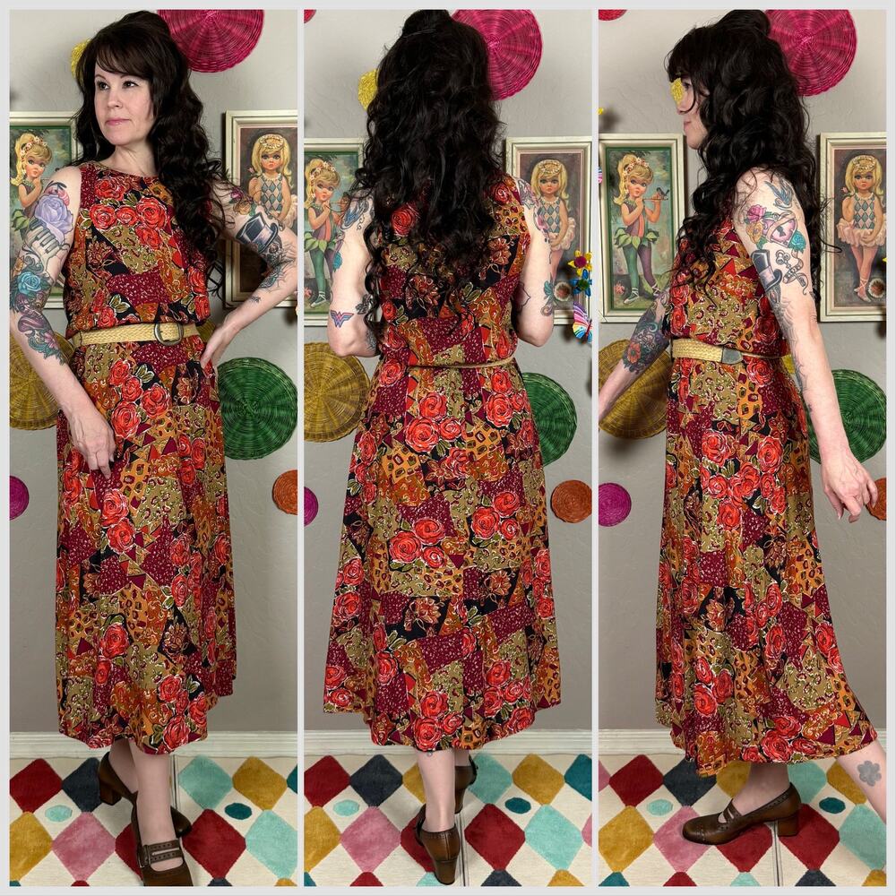 Vintage 1980s Sleeveless Floral and Patchwork Print Belted Midi Dress - Picture 3 of 7